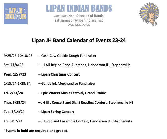 Lipan ISD JH Band Calendar of Events